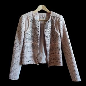 Rebecca Taylor Women's Pink Studded Leather-paneled Tweed Jacket Size 4